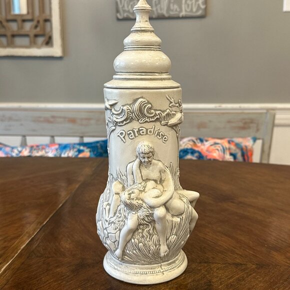 vintage ceramic beer stein depicting Adam and Eve in the "Paradise" garden - Picture 1 of 7